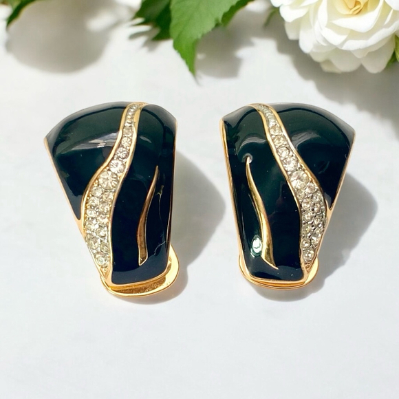Vintage Vendome Clip-on Rhinestone Earrings Black Enamel Gold tone - Picture 5 of 5